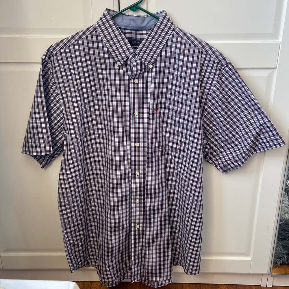 Arrow Mens Shirt Size L Blue Red White Checkered Summer Prep Short Sleeve